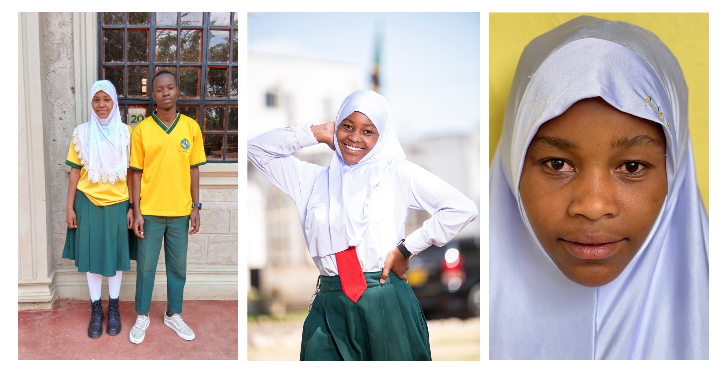 Left to Right: Naima and Abdullah Form 4 (2026), when Cari and Naima met (2023), Naima graduating from primary school (2021)