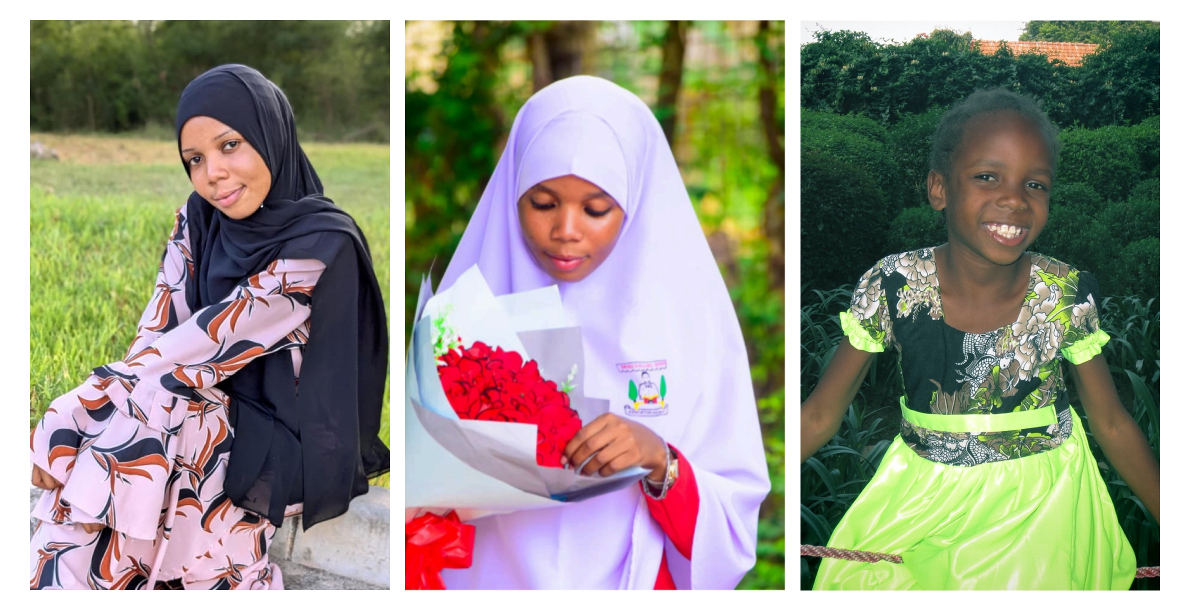 Left to Right: Nusra in her second year of university (2026), Nusra graduating Form 6 Bwiru Secondary School, and when Cari met Nusra in 2013 when she was 8 years old.
