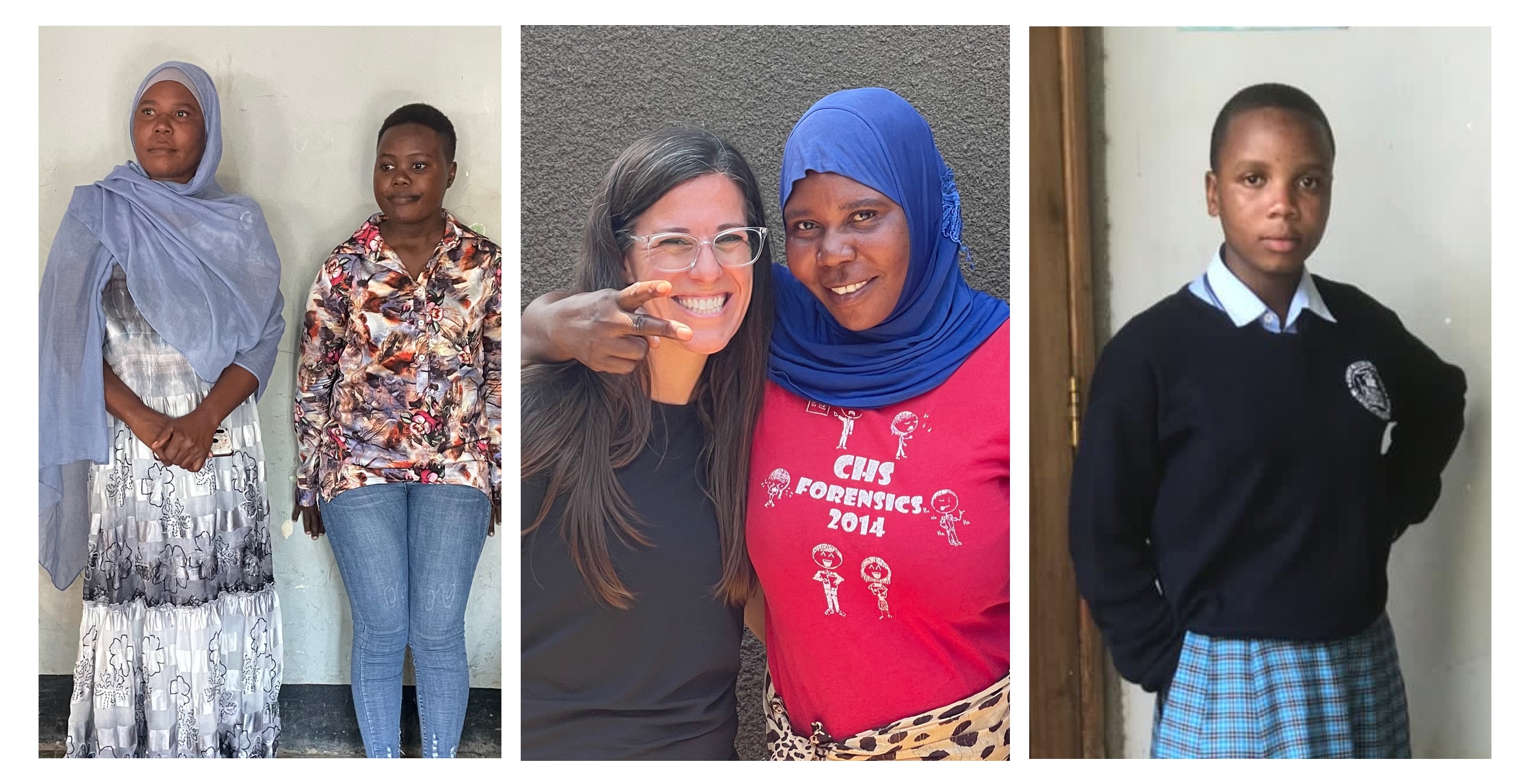 Left to Right: Fatuma and Janeth (translator) being interviewed about Nusra’s success as a student during Cari’s visit in 2023. Cari and Fatuma reunited at the orphanage, gushing over how much Nusra has grown (2023). Nusra (2018) at Edmund Rice Sinon Secondary School.